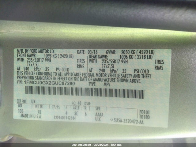 Ford ESCAPE SE 2016 1FMCU0GX2GUC87280 Image 9