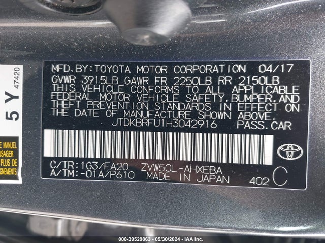 Toyota Prius Two 2017 JTDKBRFU1H3042916 Image 9