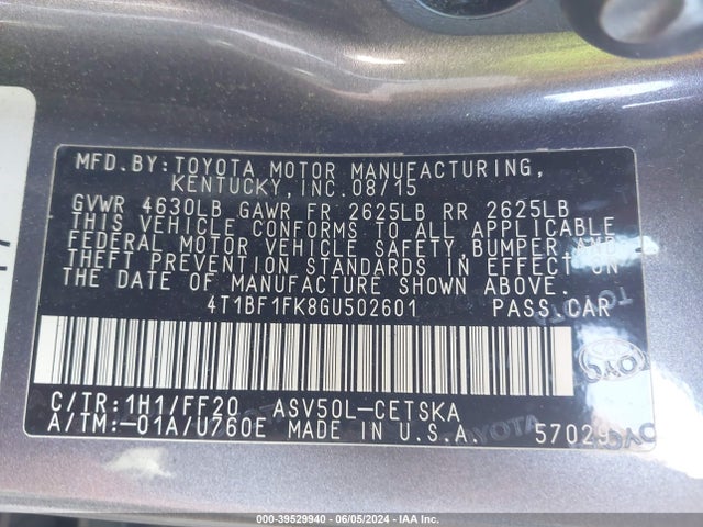 Toyota CAMRY SE 2016 4T1BF1FK8GU502601 Image 9
