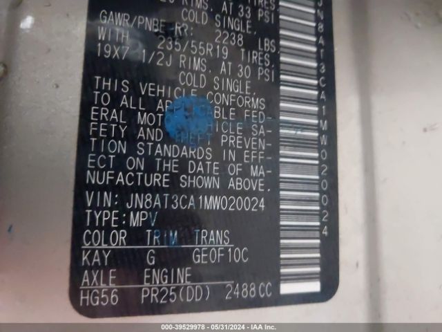 JN8AT3CA1MW020024 Nissan Rogue Sl Fwd