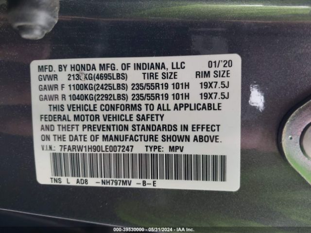 7FARW1H90LE007247 Honda Cr-v 2wd Touring