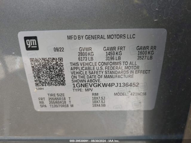 1GNEVGKW4PJ136452 Chevrolet Traverse Awd Lt Cloth