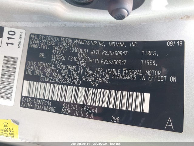 Toyota Sienna Le 8 Passenger 2019 5TDKZ3DC7KS977009 Image 9