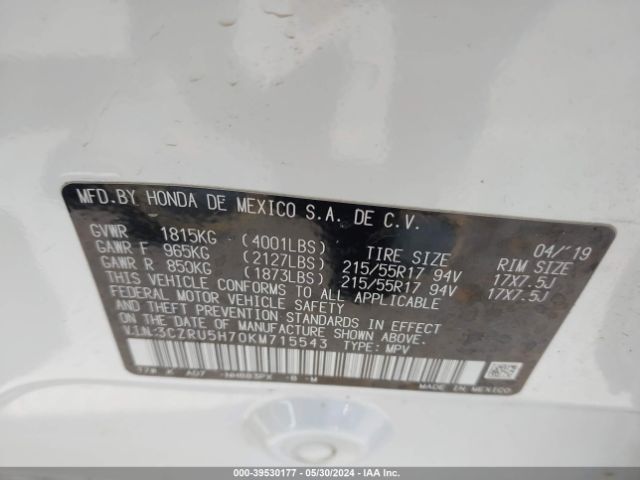 3CZRU5H70KM715543 Honda Hr-v Ex-l