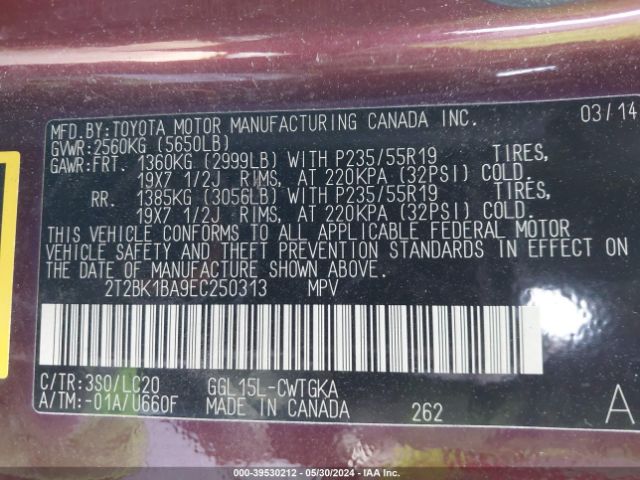 2T2BK1BA9EC250313 Lexus RX 350