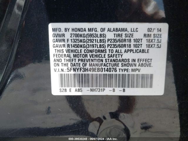 5FNYF3H49EB014076 Honda Pilot Ex