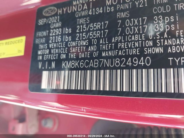 KM8K6CAB7NU824940 Hyundai Kona Sel