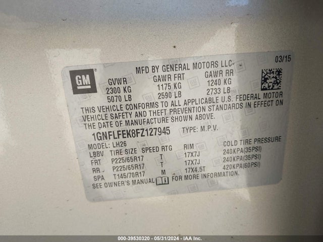 Chevrolet EQUINOX 1LT 2015 1GNFLFEK8FZ127945 Image 9