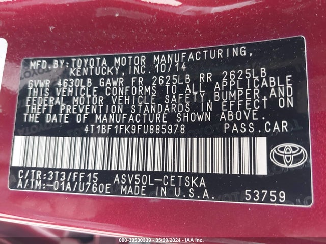 Toyota CAMRY SE 2015 4T1BF1FK9FU885978 Image 9
