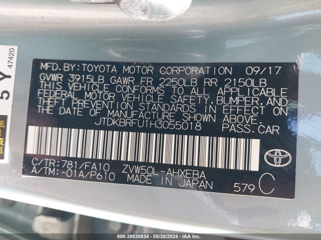 Toyota Prius Two 2017 JTDKBRFU1H3055018 Image 9