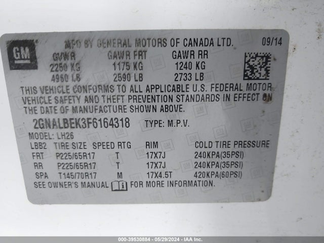 Chevrolet EQUINOX 1LT 2015 2GNALBEK3F6164318 Image 9