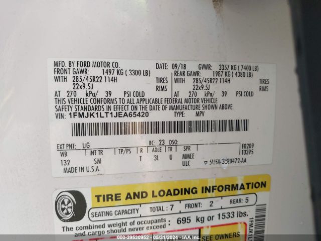 1FMJK1LT1JEA65420 Ford Expedition Max Platinum