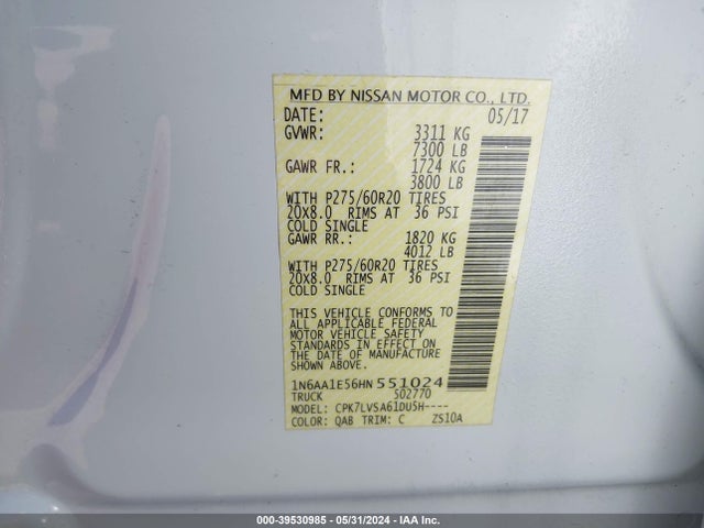 Nissan Titan Sl 2017 1N6AA1E56HN551024 Image 9