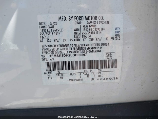 Ford EXPLORER XLT 2020 1FMSK8DH2LGD00597 Image 9