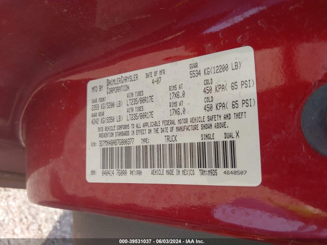 39531037 :رقم المزاد ، 3D7MX48A67G800377 vin ، 2007 Dodge Ram 3500 Slt/sport مزاد بيع