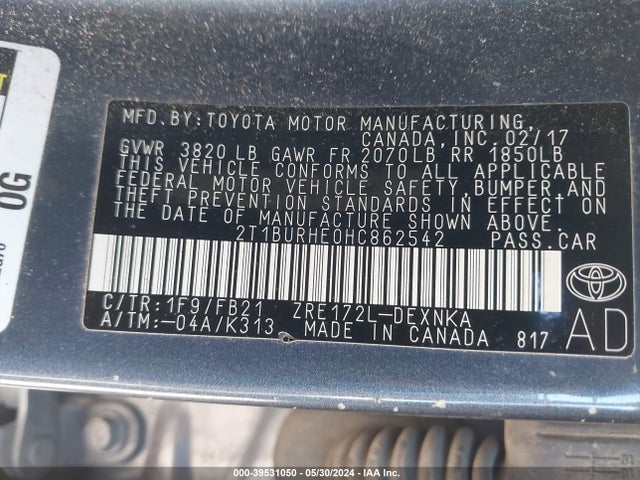 Toyota COROLLA LE 2017 2T1BURHE0HC862542 Image 9