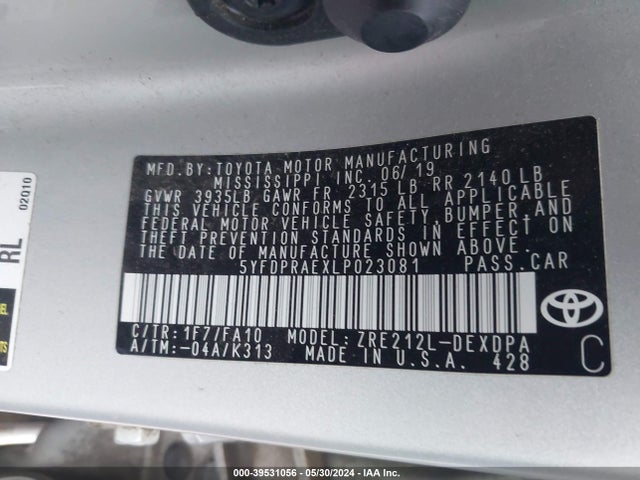 Toyota COROLLA L 2020 5YFDPRAEXLP023081 Image 9