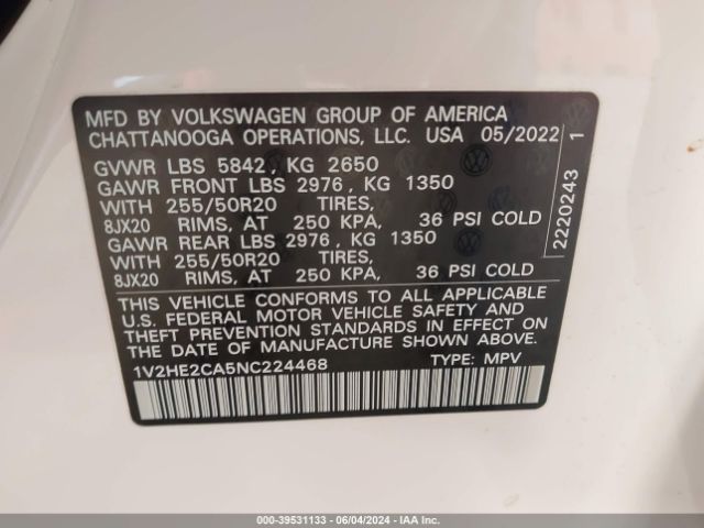 1V2HE2CA5NC224468 Volkswagen Atlas Cross Sport 3.6l V6 Se W/technology