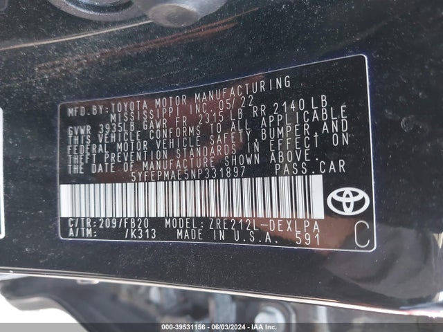 Toyota COROLLA LE 2022 5YFEPMAE5NP331897 Image 9