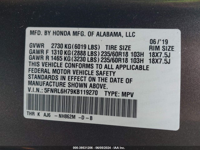 Honda Odyssey Ex-l 2019 5FNRL6H79KB119270 Image 9