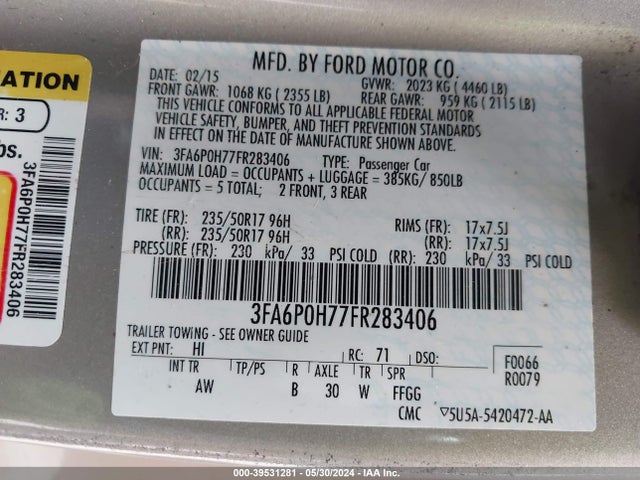 Ford FUSION SE 2015 3FA6P0H77FR283406 Image 9