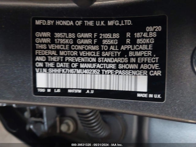 Honda CIVIC EX 2021 SHHFK7H67MU402352 Image 9