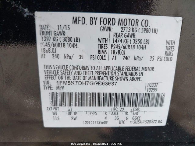 Ford EXPLORER XLT 2016 1FM5K7DH7GGB63637 Image 9