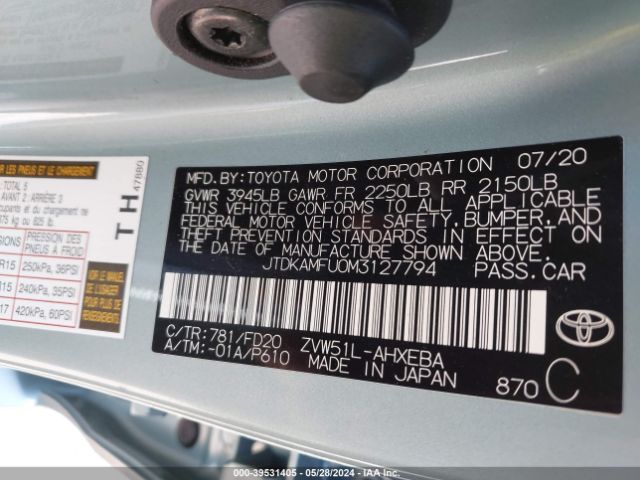 JTDKAMFU0M3127794 Toyota Prius Le