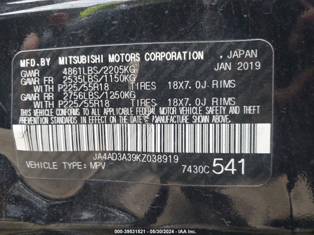 JA4AD3A39KZ038919 Mitsubishi Outlander Se