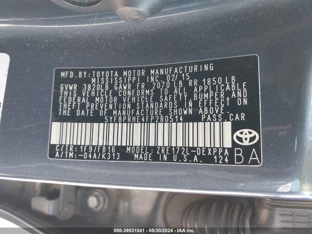 Toyota Corolla Le Eco Plus 2015 5YFBPRHE4FP280514 Image 9