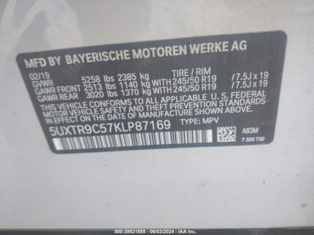 5UXTR9C57KLP87169 BMW X3 Xdrive30i