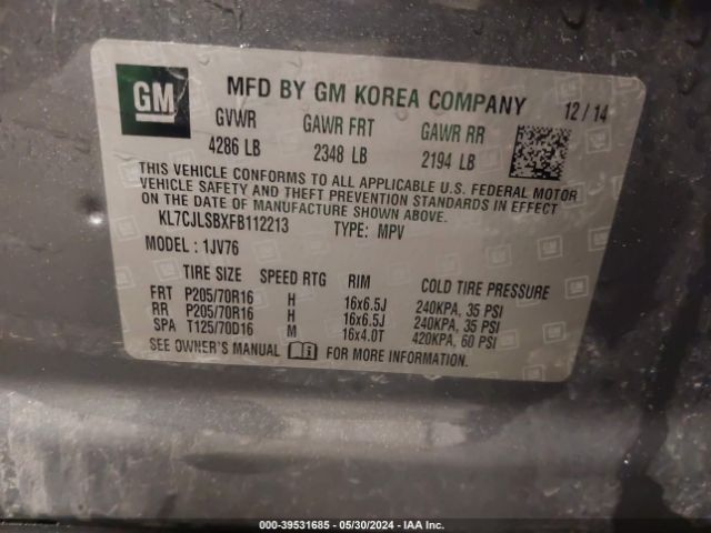 KL7CJLSBXFB112213 Chevrolet Trax Lt