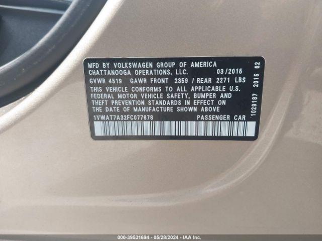 1VWAT7A32FC077678 Volkswagen Passat 1.8t Wolfsburg Edition