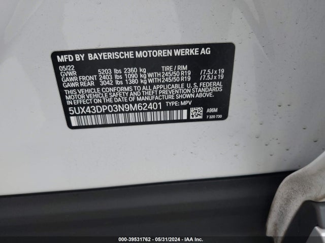 BMW X3 Sdrive30i 2022 5UX43DP03N9M62401 Image 9