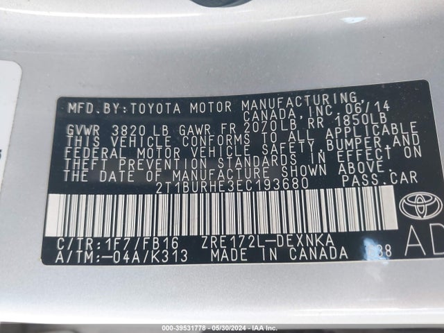 Toyota COROLLA LE 2014 2T1BURHE3EC193680 Image 9