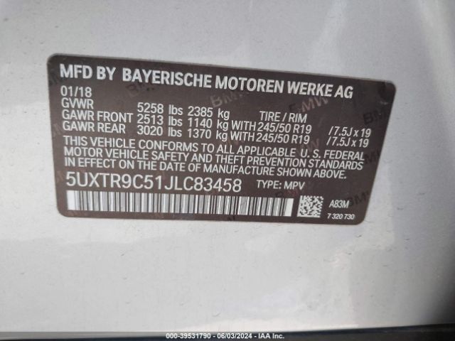 5UXTR9C51JLC83458 BMW X3 Xdrive30i