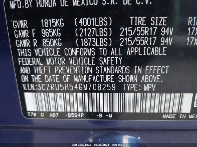 Honda HR-V EX 2016 3CZRU5H54GM708259 Image 9