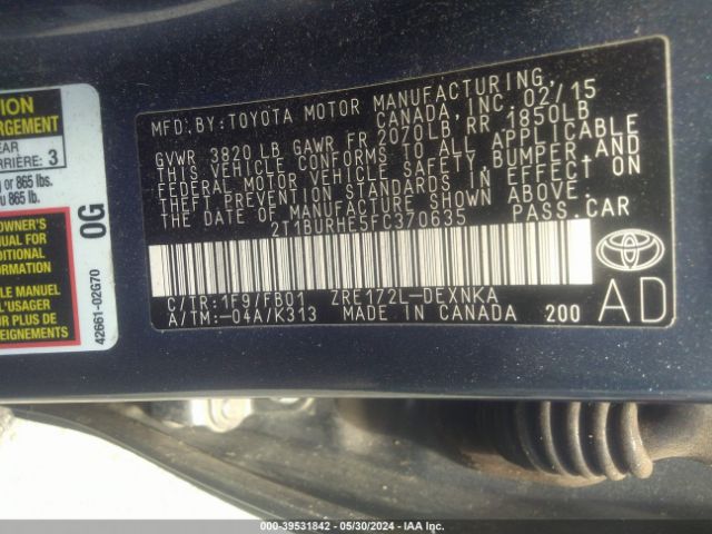 2015 TOYOTA COROLLA 2T1BURHE5FC370635 Photo 8