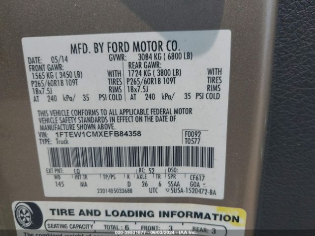 1FTEW1CMXEFB84358 Ford F-150 Xlt
