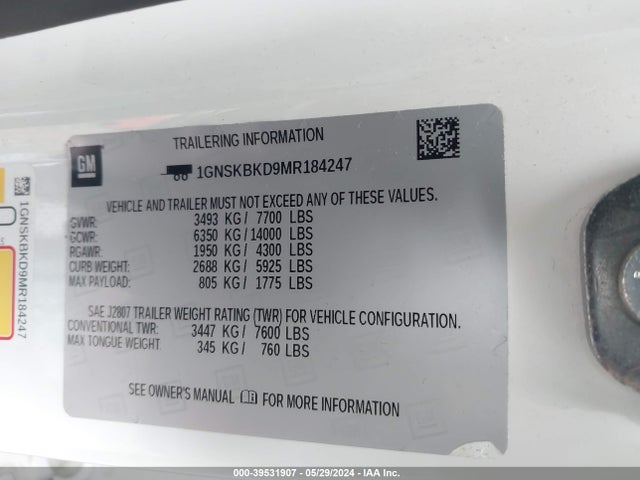 Chevrolet Suburban 4wd Ls 2021 1GNSKBKD9MR184247 Image 9