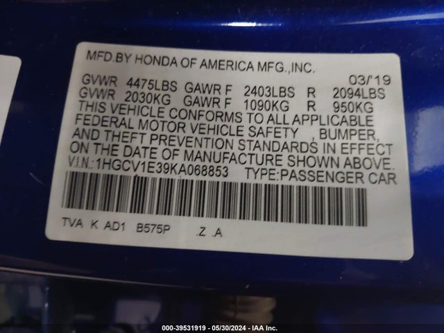 Honda Accord Sport 2019 1HGCV1E39KA068853 Image 9