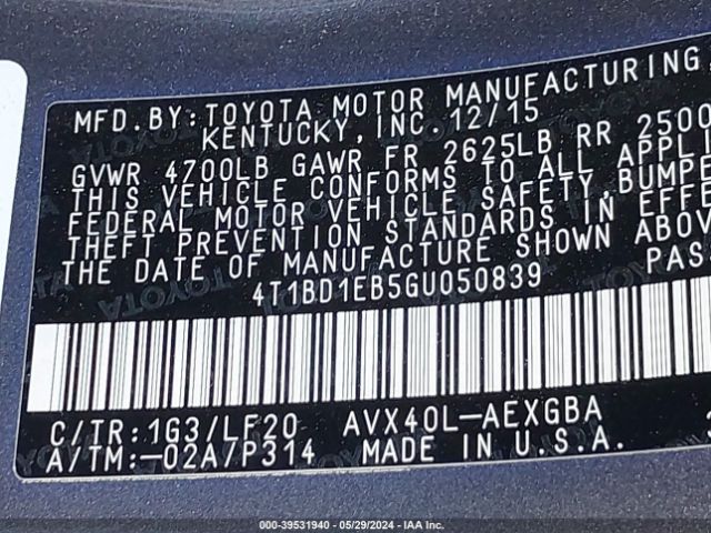 4T1BD1EB5GU050839 Toyota Avalon Hybrid Xle