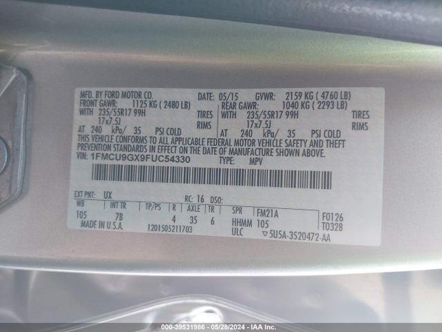 Ford ESCAPE SE 2015 1FMCU9GX9FUC54330 Image 9