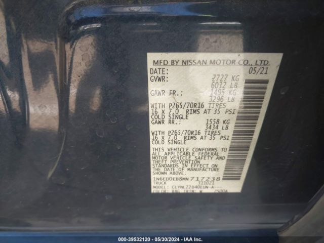 1N6ED0EB8MN717238 Nissan Frontier Sv 4x4