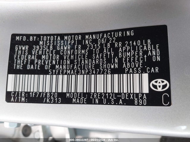 Toyota COROLLA LE 2022 5YFEPMAE3NP347726 Image 9
