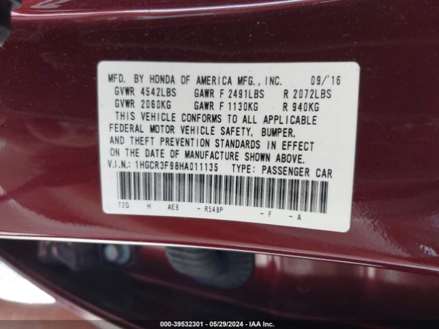 1HGCR3F98HA011135 Honda Accord Touring V6