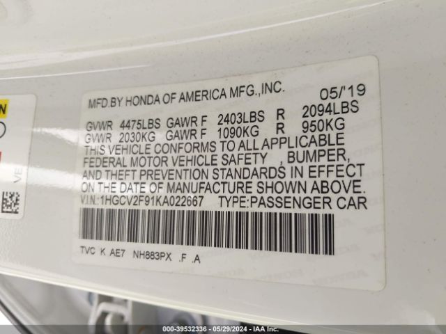 1HGCV2F91KA022667 Honda Accord Touring 2.0t