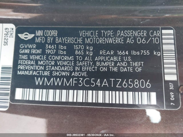 2010 MINI COOPER WMWMF3C54ATZ65806 Photo 8