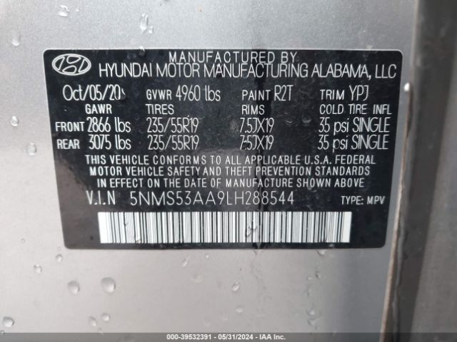 5NMS53AA9LH288544 Hyundai Santa Fe Limited 2.0t