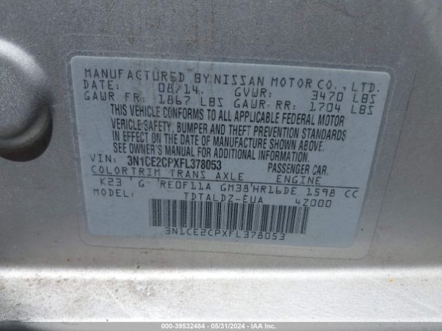 3N1CE2CPXFL378053 Nissan Versa Note S (sr)/s Plus/sl/sr/sv
